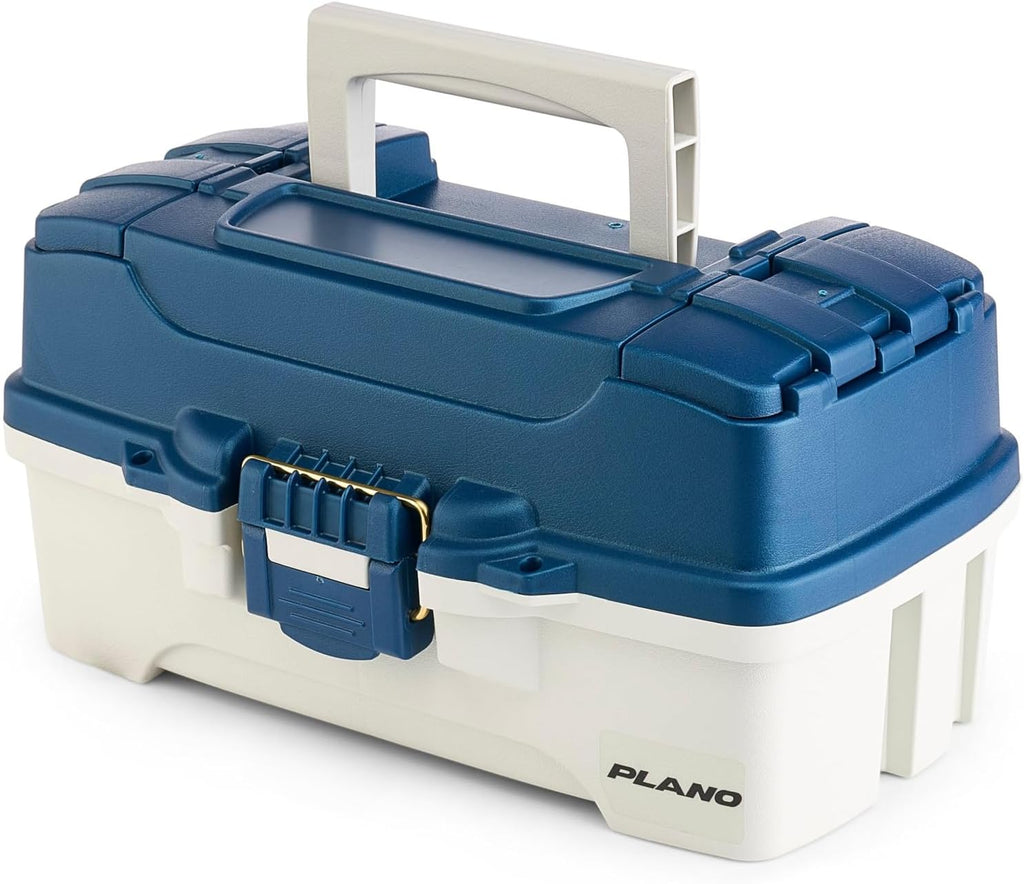 Plano One-Tray Tackle Box, Blue/White, Rust-Proof Brass Latch, Top-Access Tray with Deep Storage, Made in the USA, Portable Fishing Gear Storage Organizer