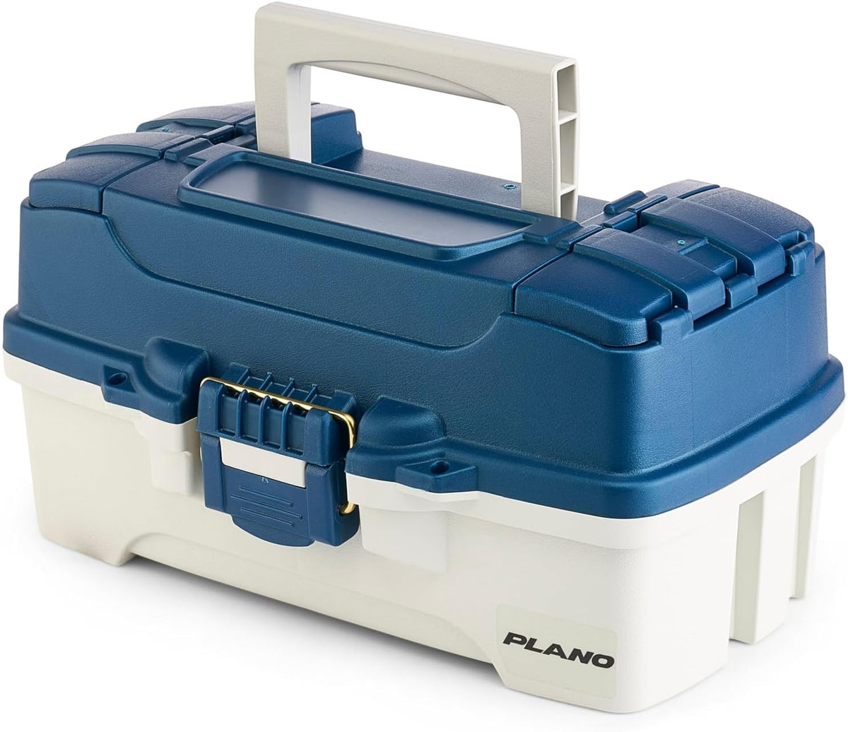Plano One-Tray Tackle Box, Blue/White, Rust-Proof Brass Latch, Top-Access Tray with Deep Storage, Made in the USA, Portable Fishing Gear Storage Organizer