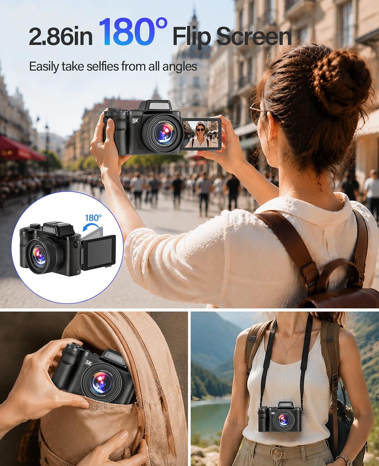 Maxmango D75 Digital Camera for Photography - 5K WiFi Vlogging Camera for YouTube 3" 180° Flip Screen 18X Digital Zoom Compact Travel Cameras with 16GB TF Card Black for Beginners