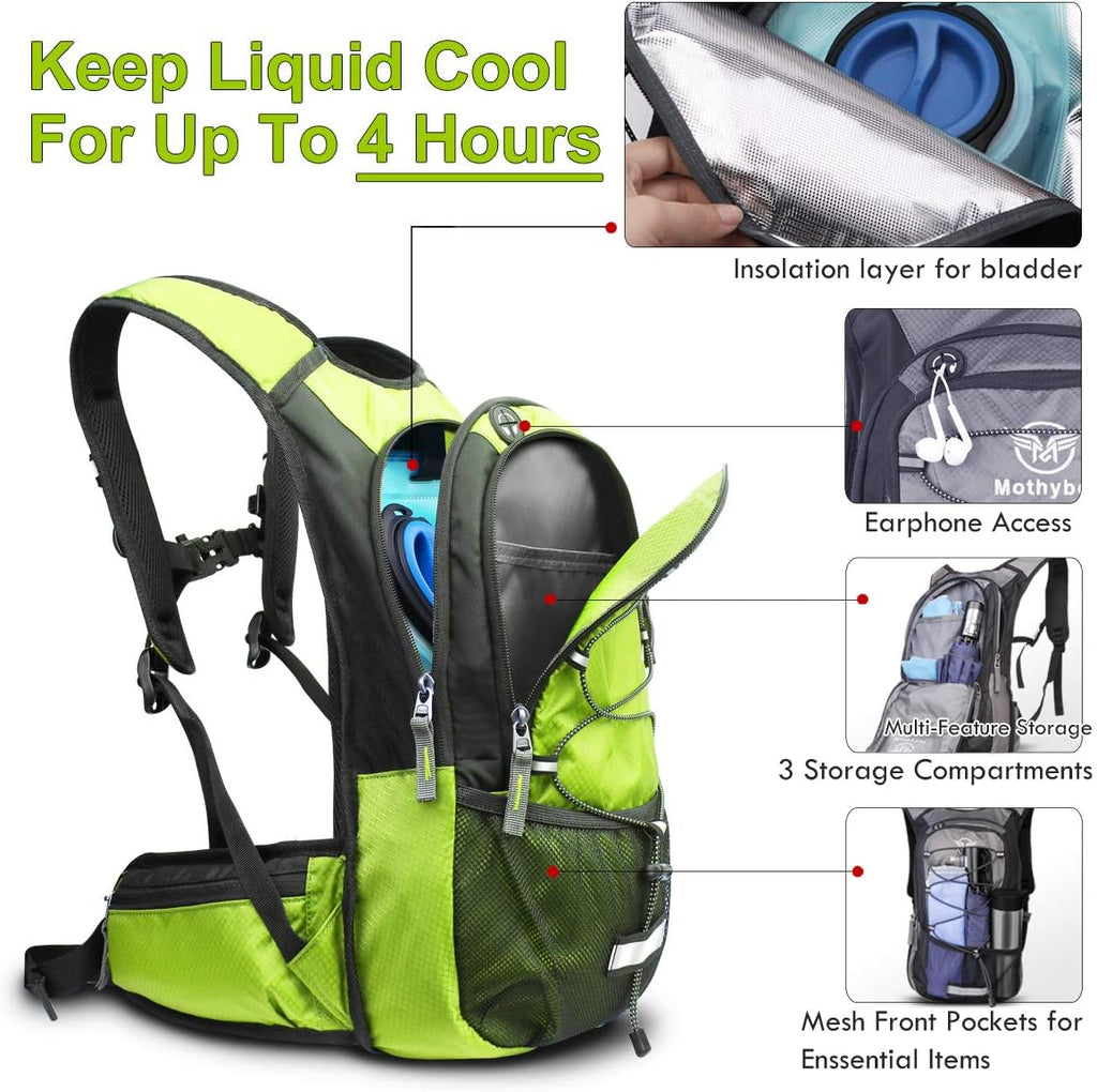 Mothybot Hydration Pack, Insulated Hydration Backpack with 2L BPA Free Water Bladder and Storage, Hiking Backpack for Men, Women, Kids for Running, Cycling, Camping - Keep Liquid Cool up to 5 Hours
