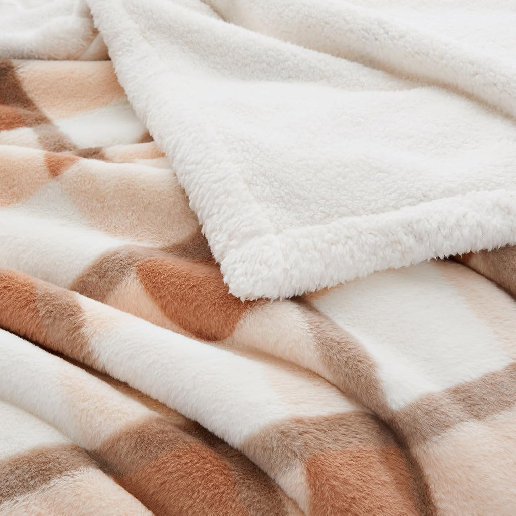 PU MEI Super Soft Faux Rabbit Fur Sherpa Fleece Throw Blanket, Reversible Luxury Cozy Cute Furry Blanket, Plush Warm Shaggy Fluffy Checkered Blankets for Sofa Couch Bed (Beige-Plaid, 60" x 80")