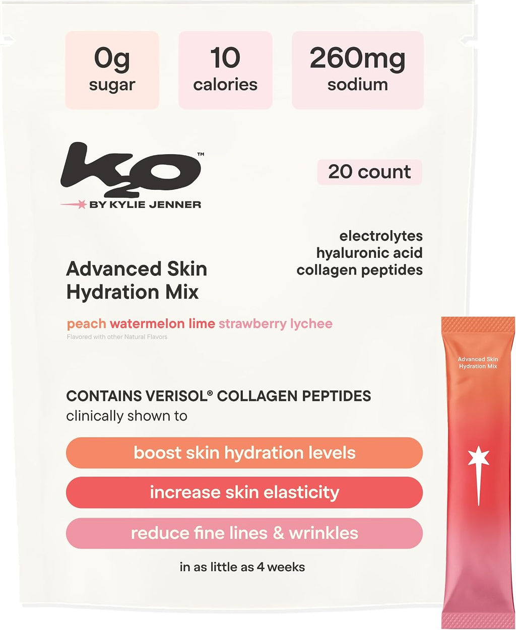 k2o by Kylie Jenner Advanced Skin Hydration Mix with Electrolytes, Hyaluronic Acid & Verisol Collagen Peptides - Clinically Shown to Boost Hydration & Reduce Wrinkles - 20 Count (Variety Pack)