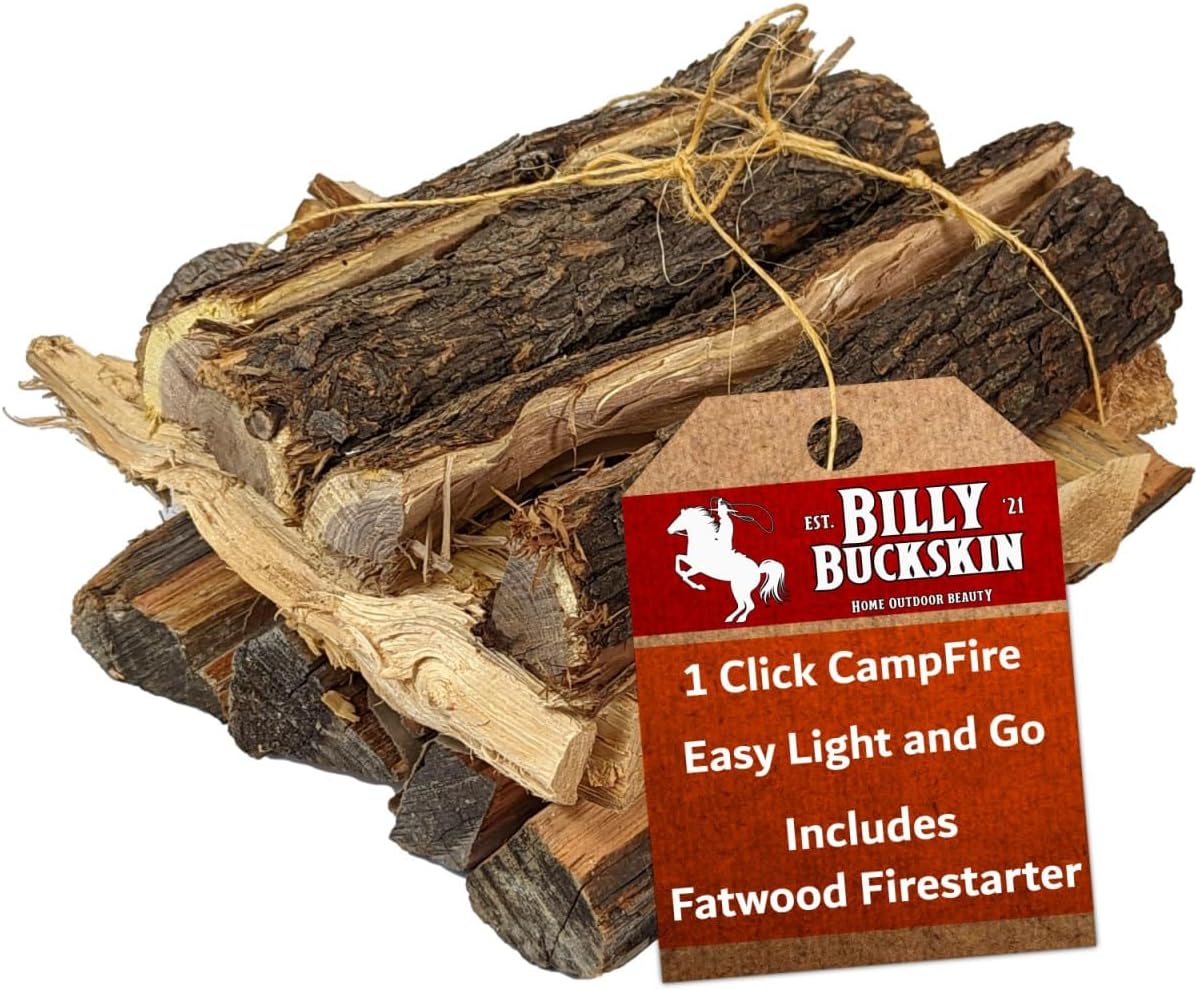 Billy Buckskin 18 LB Oak Firewood Bundle – Seasoned Fire Logs with Fatwood Starter Sticks for Fire Pit, Campfire, Fireplace, Wood Stoves and Outdoor Grilling – Camping Accessories