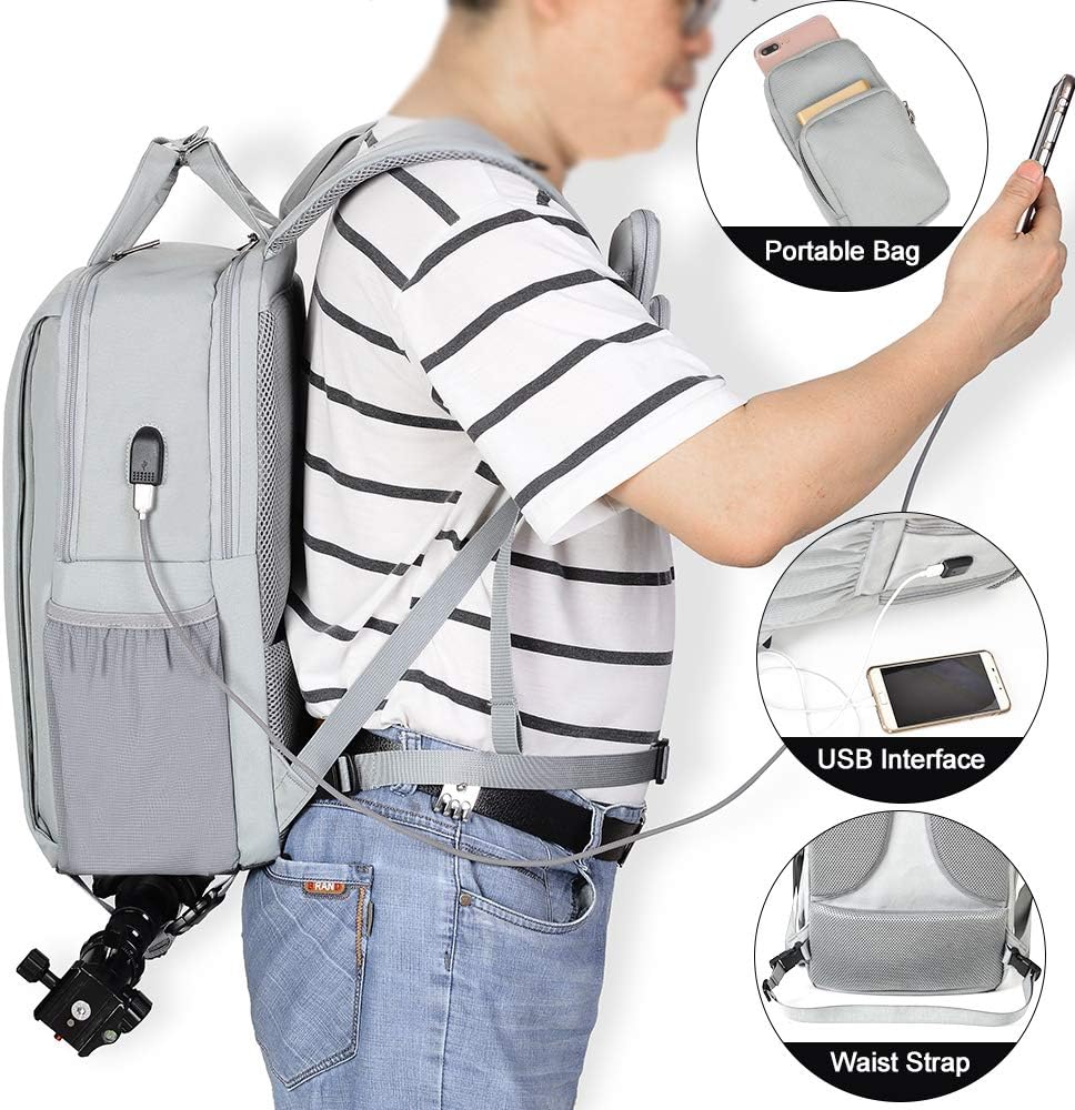 CADeN Camera Backpack w/ 15.6" Laptop Compartment, USB Charge Port, Tripod Holder, Rain Cover Compatible for Sony Canon Nikon