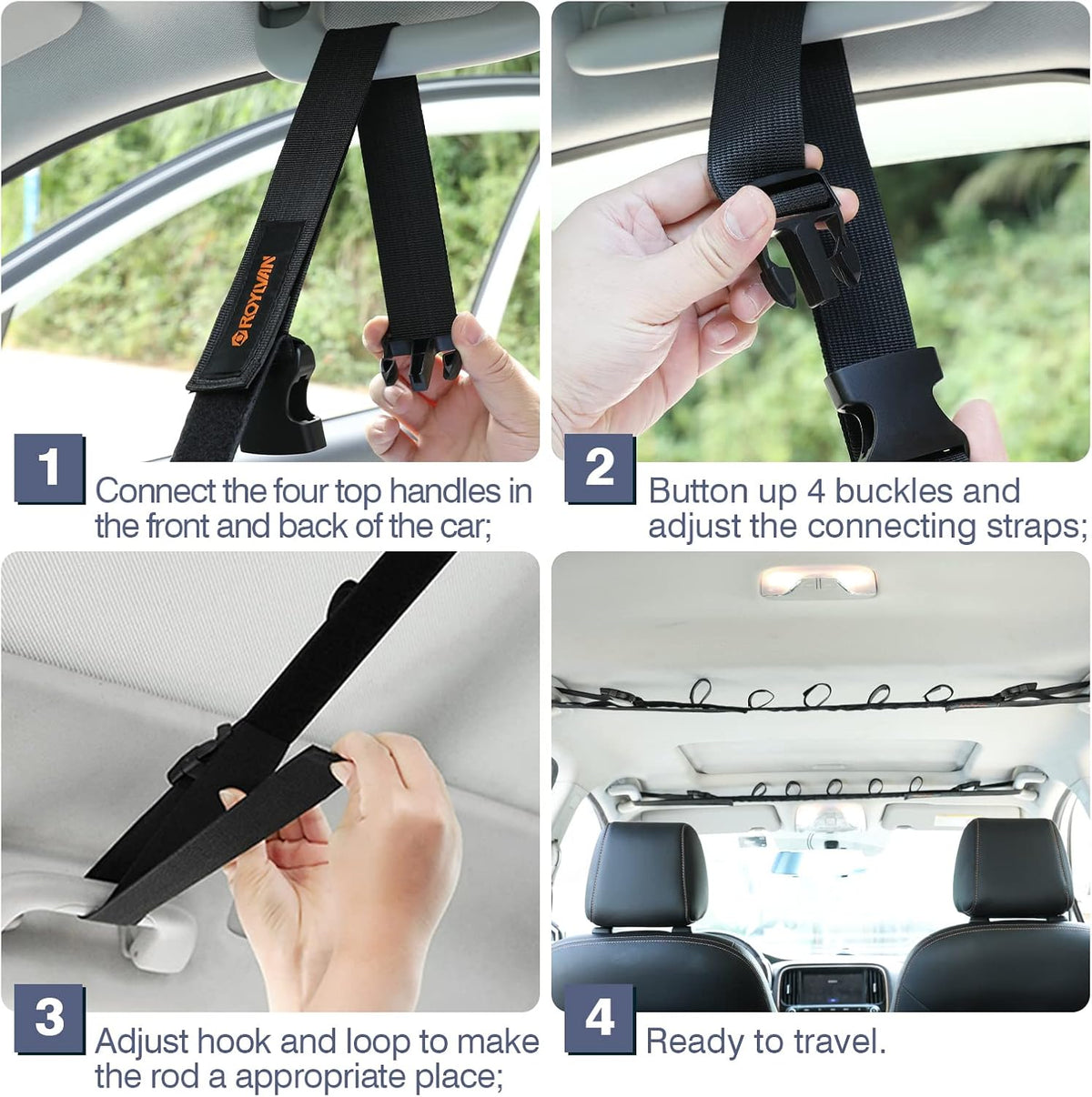 Roylvan 2 Pack Vehicle Fishing Rod Holder - Fishing Pole Car Rack 5 Rods Capacity, Adjustable 30 to 54 Inches Horizontal Roof Storage Carrier Belt for SUV, Truck and Van, Black