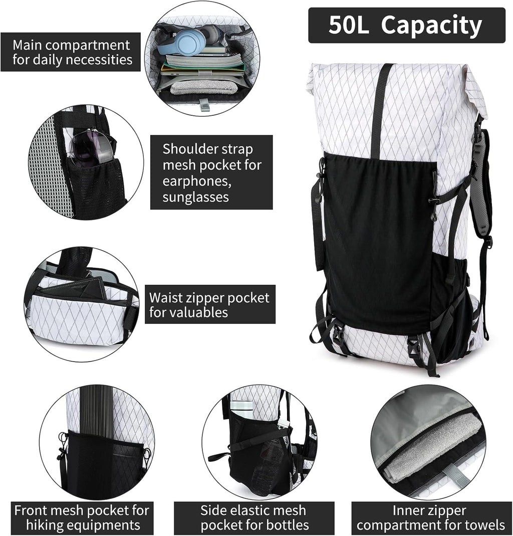 Hiking Backpack,40L to 50L Extra Large Capacity Hiking Bag,Internal Frame Camping Backpack,Upgraded X-PAC Lightweight Sport Daypack Travel Backpack Fit For Mountain Climbing Camping(White)