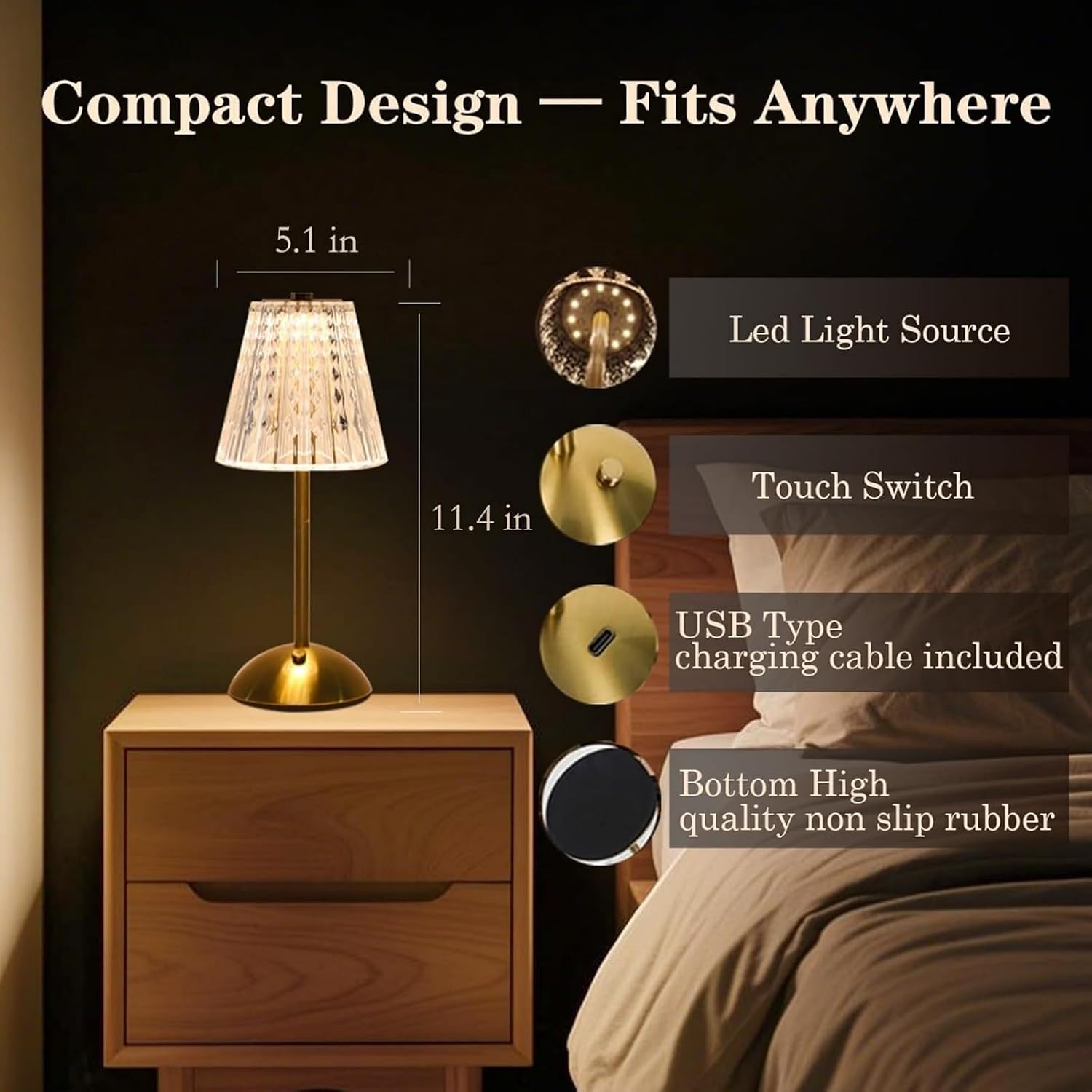 2 Pcs Cordless Rechargeable Table Lamp, Touch Dimming, 3 Color Modes