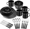 Nuogo 24 Pcs Camping Dinnerware Enamel Mugs Plates Bowls Utensils, Black
