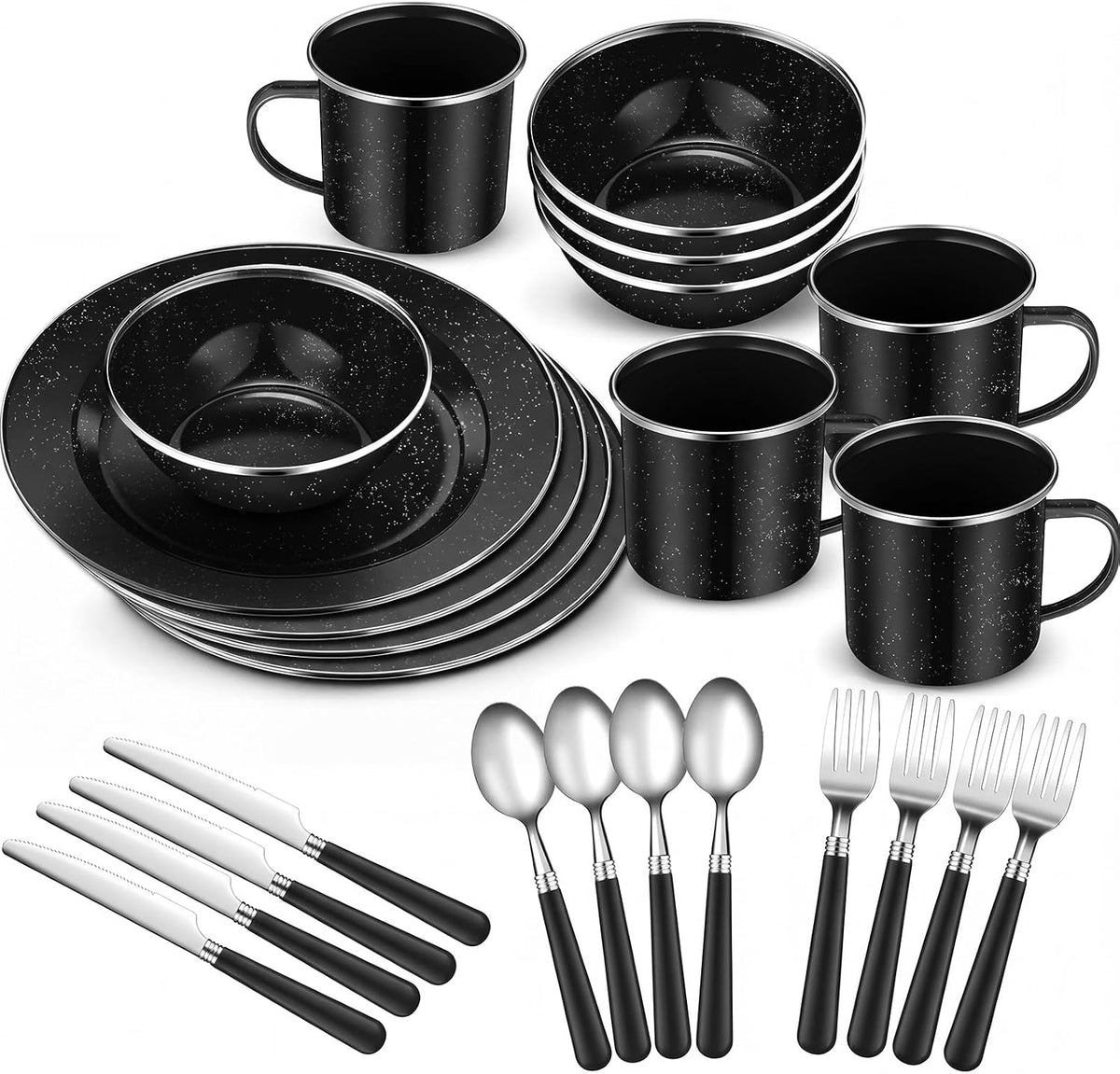 Nuogo 24 Pcs Camping Dinnerware Enamel Mugs Plates Bowls Utensils, Black