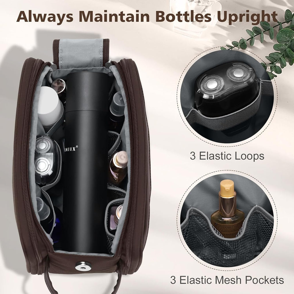 Wedama Toiletry Bag for Men, Medium Hanging Travel Toiletry Bag, Extra Electronic Organizer Bag Waterproof Shaving Bag for Toiletries with PU Handle for Travel Business Trips Swim Camping, Brown