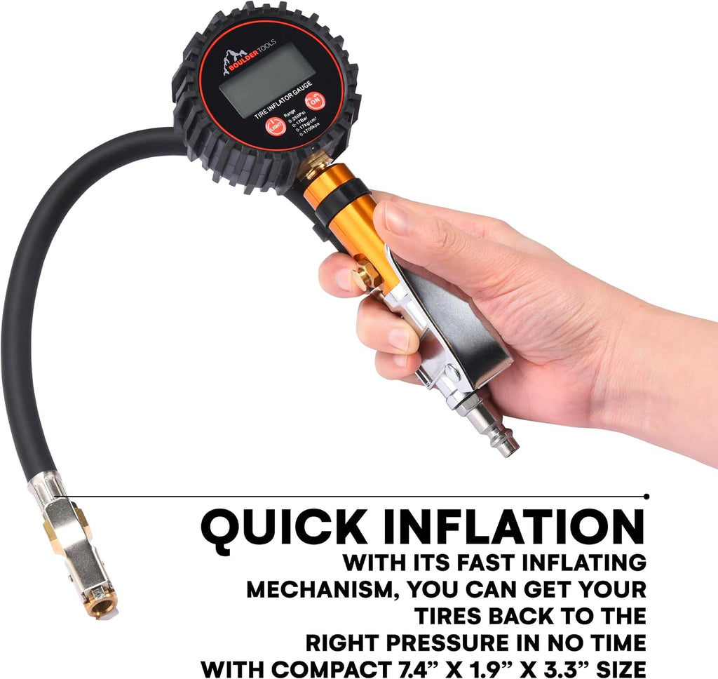Boulder Tools Tire Pressure Gauge with Inflator - Digital Tire Pressure Gauge, 0-250 PSI Heavy Duty Tire Inflator Gauge with Air Chuck Lock & Bleed Valve, Air Compressor Accessories