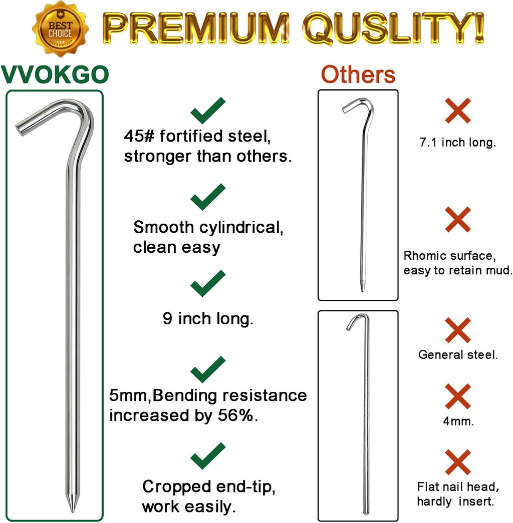 VVOKGO 9 Inches Tent Stakes Heavy Duty Metal Ground Stakes for Camping