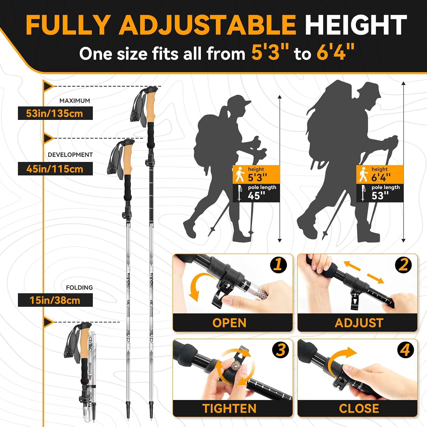 Cork Grip Collapsible Hiking Poles, Trekking Poles for Hiking, Lightweight