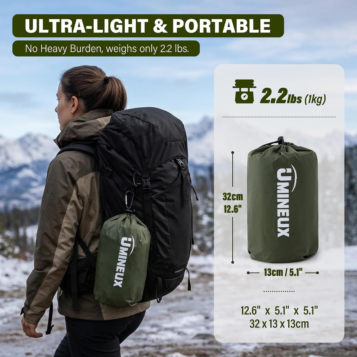 UMINEUX Inflatable Sleeping Pad for Camping, 9.0 R-Value Insulated Camping Pad, Compact All Season Backpacking Sleeping Pad, Lightweight Sleeping Mat for Outdoor Hiking, 75.9 × 25.6in, Green