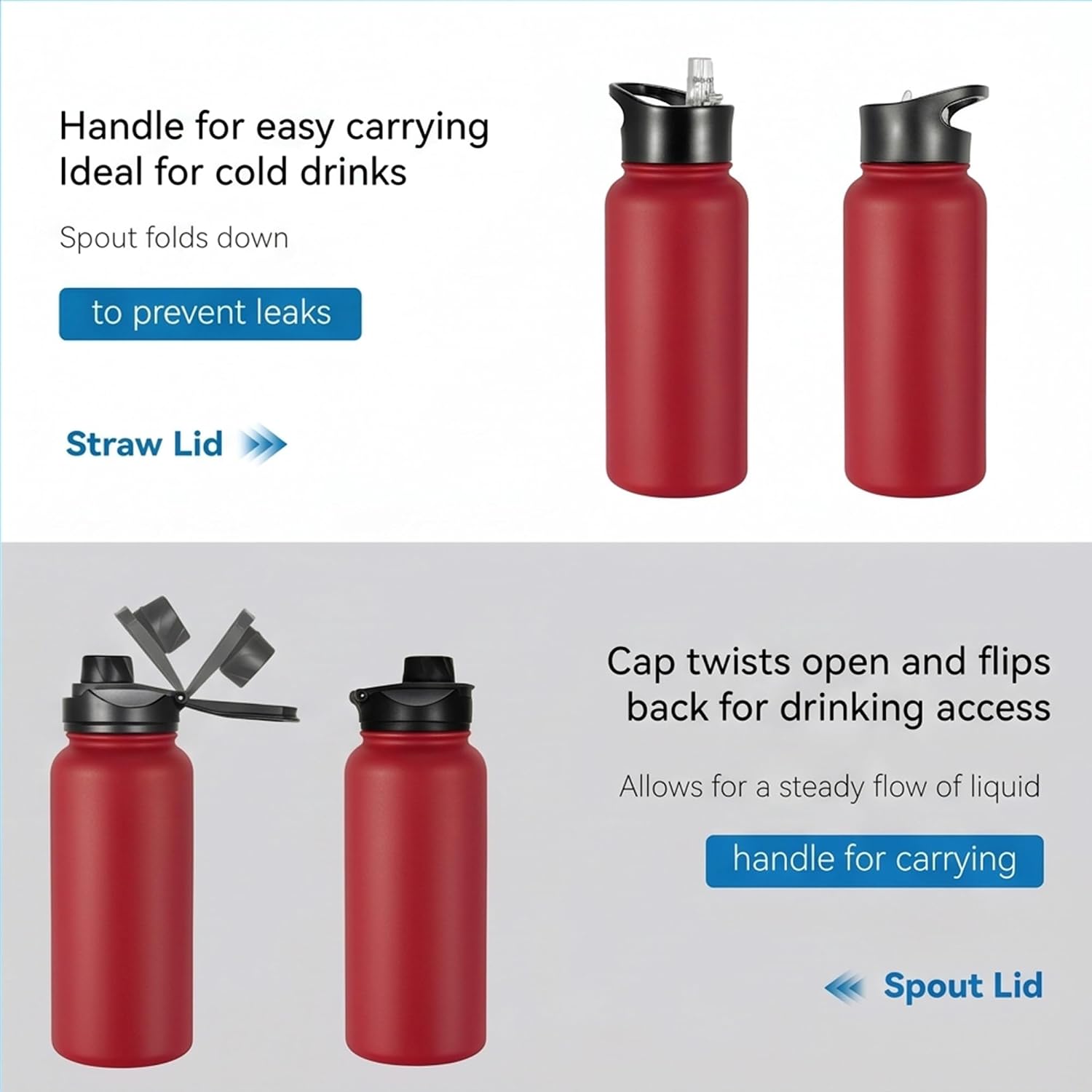 VEGOND 32 oz Insulated Water Bottle Bulk Stainless Steel Metal Water Bottles with Leak Proof Straw Lid & Spout Lid, Wide Mouth Double Walled Vacuum Travel Sports Bottle, Red 4 Pack