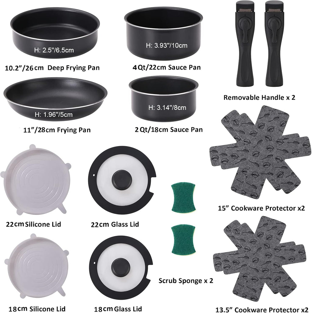 16 Pieces Kitchen Removable Handle Cookware Sets, Stackable Pots and Pans Set Nonstick for Induction Gas RVs Camping Space Saving