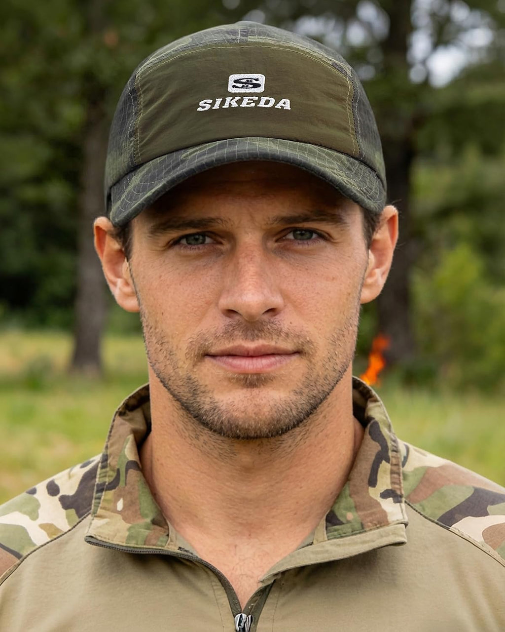 CLAPE Short Brim Baseball Cap for Men, Camouflage Quick-Dry 5 Panel Camper Hat Shapeable Low Profile Short Bill Cap