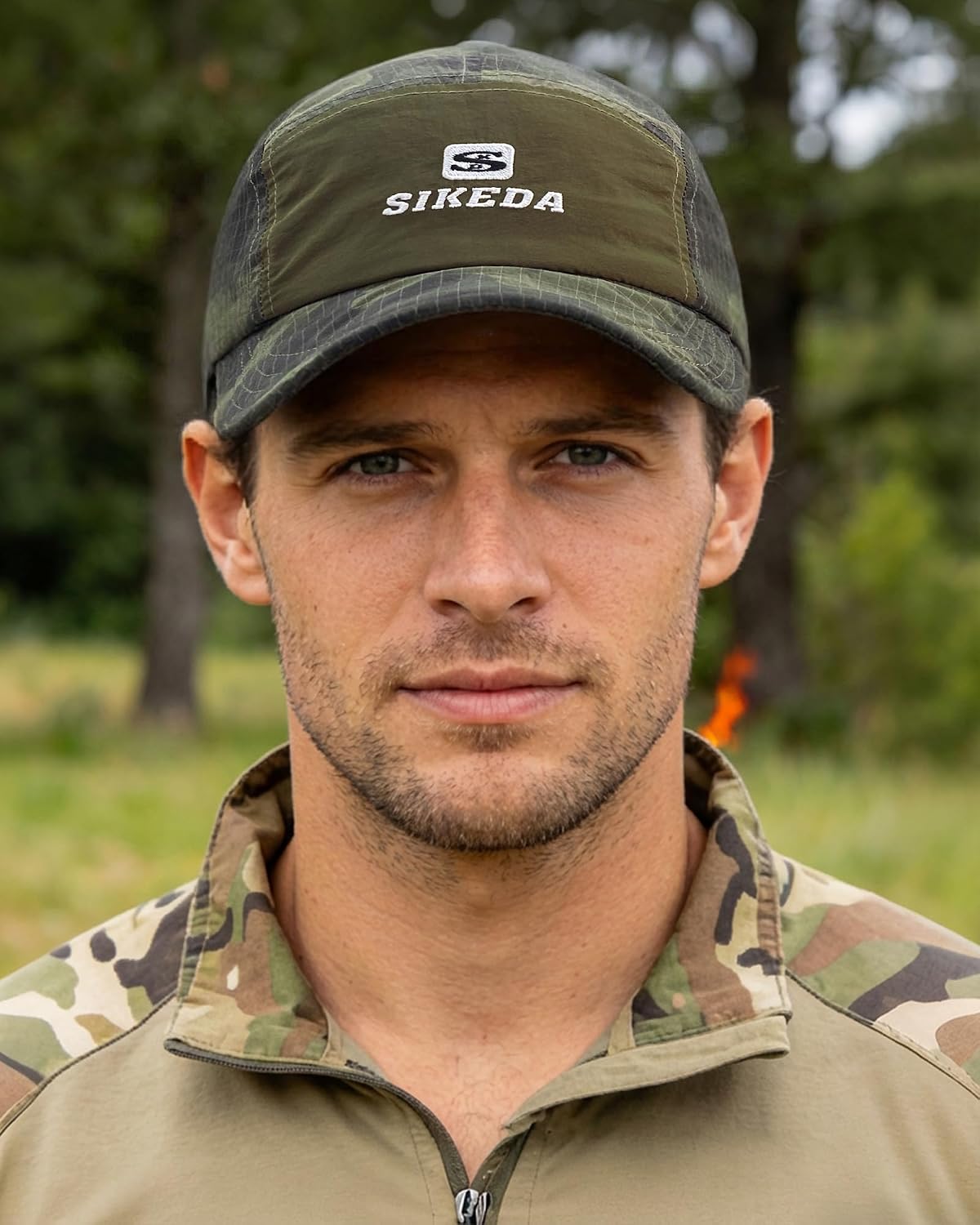 CLAPE Short Brim Baseball Cap for Men, Camouflage Quick-Dry 5 Panel Camper Hat Shapeable Low Profile Short Bill Cap