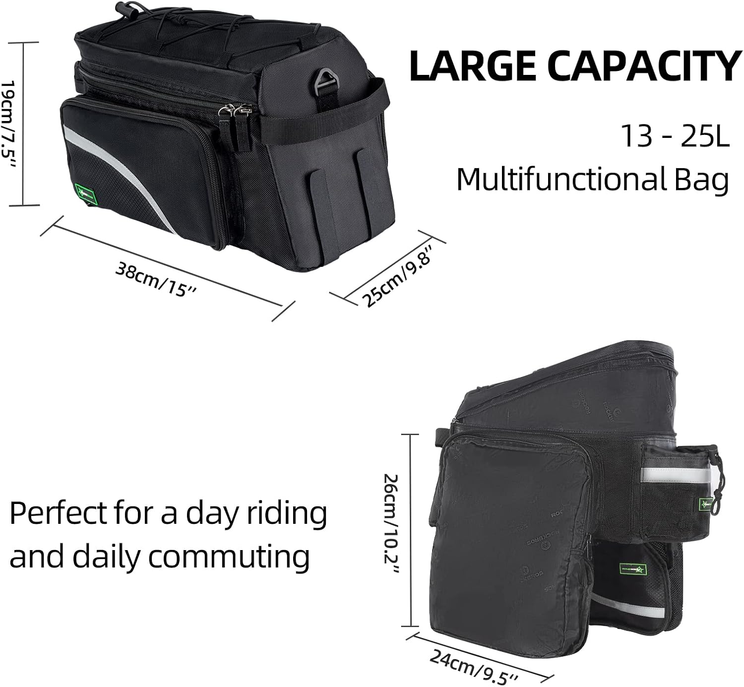 ROCKBROS Bike Trunk Bag 13L-25L Bike Rear Rack Bag Expandable Side Pockets
