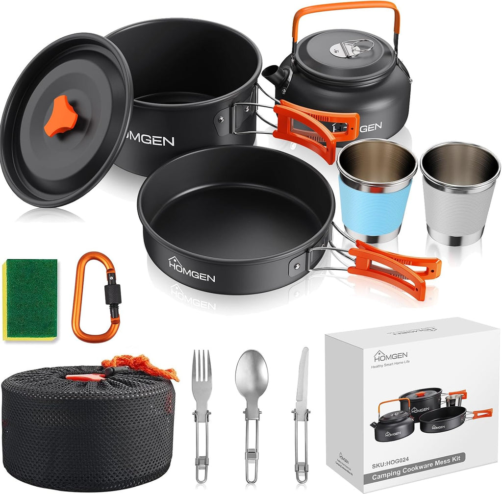 HOMGEN Portable Ultralight Anodized Aluminum Camping Cookware Set - Nesting Camping Pot and Pan-800ml Insulated Teapot-Carrying Bag-for Camping Hiking Picnic RV Trip