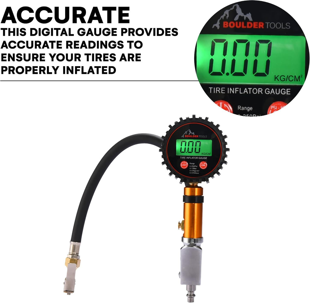 Boulder Tools Tire Pressure Gauge with Inflator - Digital Tire Pressure Gauge, 0-250 PSI Heavy Duty Tire Inflator Gauge with Air Chuck Lock & Bleed Valve, Air Compressor Accessories