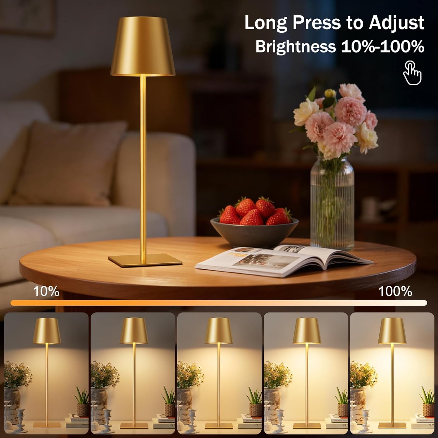 Kakanuo Gold Rechargeable Table Lamp, Cordless Battery Operated Lamp Set