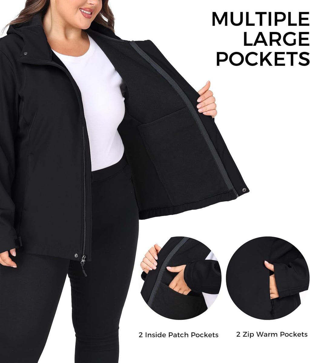 wantdo Women's Plus Size Softshell Jackets Hooded Fleece Lined Windbreaker