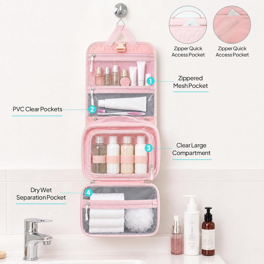 TOPEAST Quilted Travel Toiletry Bag for Women,Detachable Hanging Makeup Bag