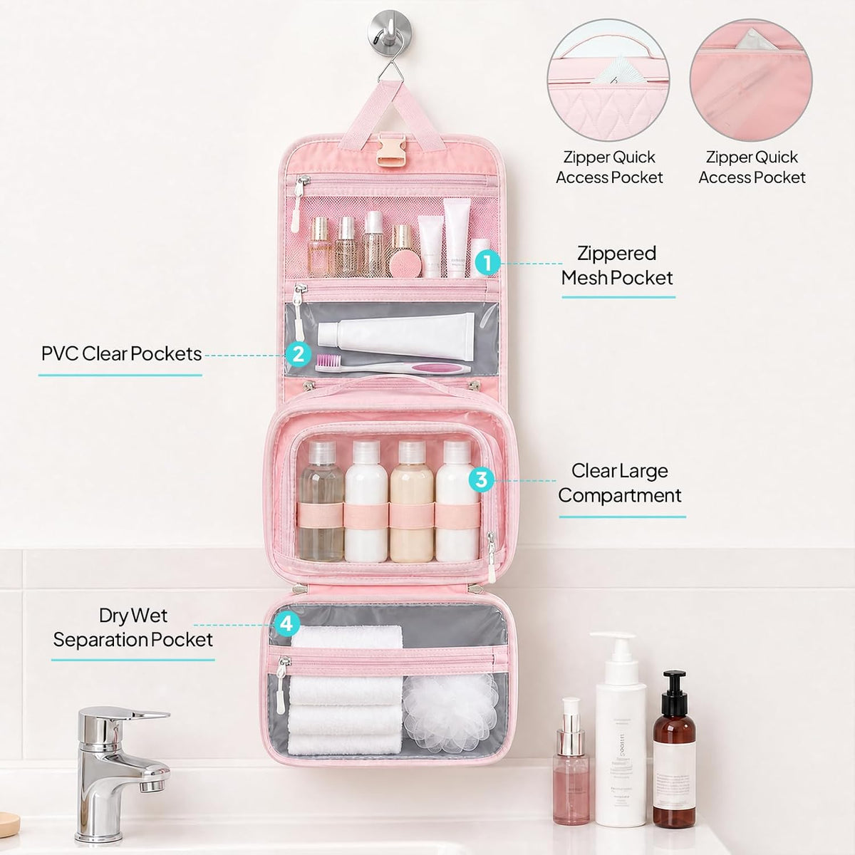 TOPEAST Quilted Travel Toiletry Bag for Women,Detachable Hanging Makeup Bag