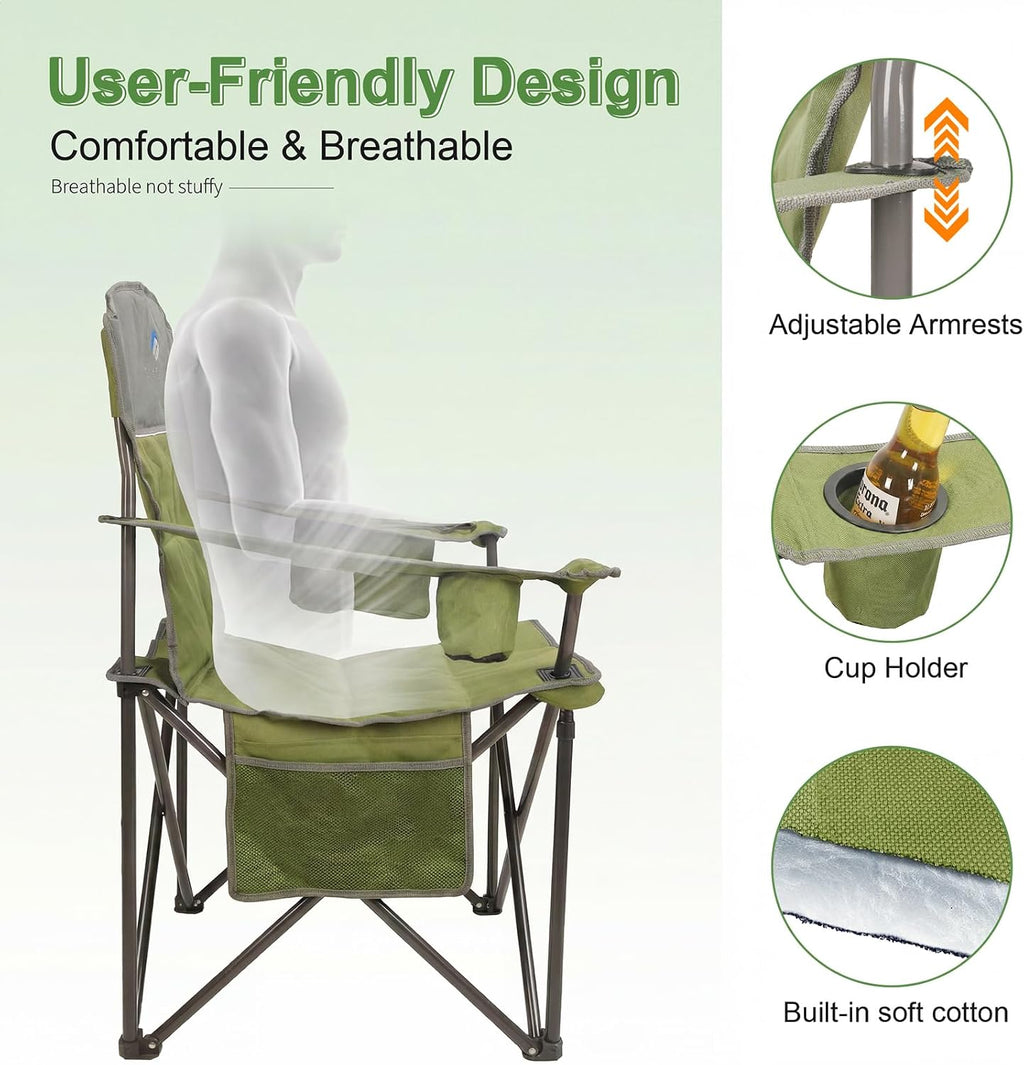 Oversized Camping Chairs 2 Pack - Heavy Duty 400LBS Padded Lawn Chair with Cooler Bag,Cup Holder,Side Pocket,Collapsible for Outdoor,Camp,Fishing & Garden,Olive Green