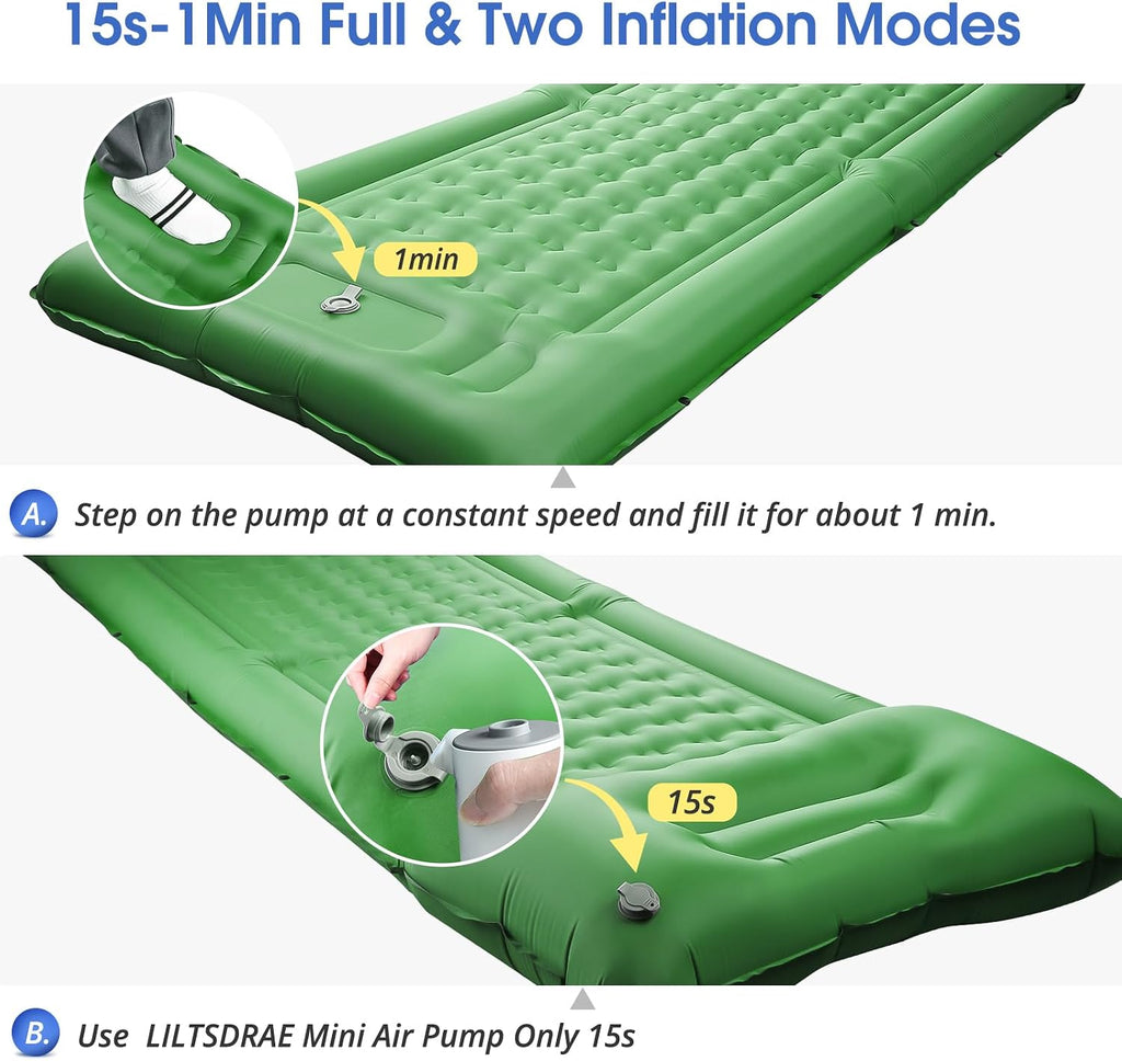 LILTSDRAE Camping Sleeping Pads，Extra Thick 5 Inch Inflatable Sleeping Mat with Pillow Built-in Pump，Oversized Mattress Super Portable Backpacking Sleeping Pad (Green, Single)