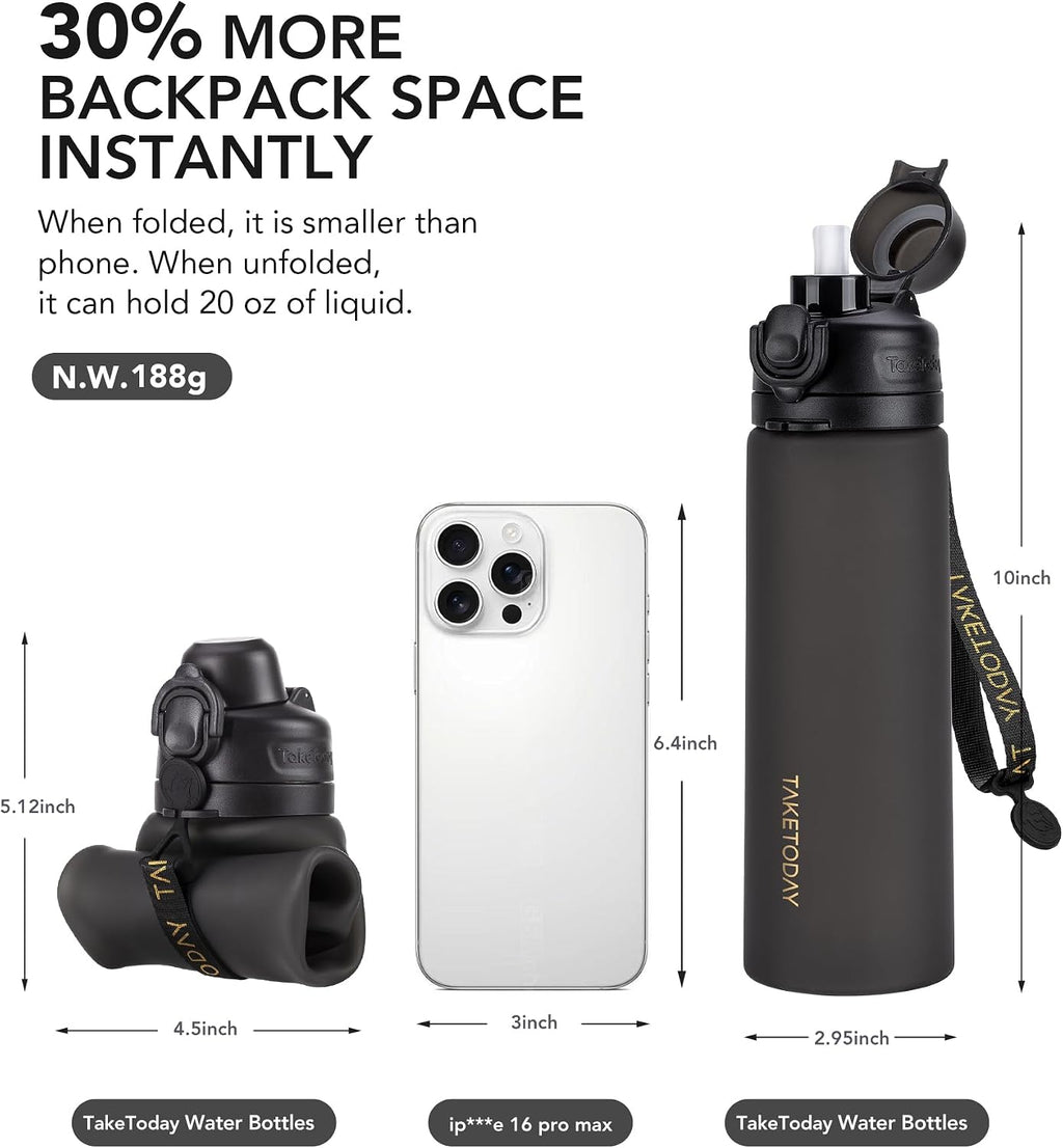 TakeToday Collapsible Water Bottles 21oz (600mL), Foldable Platinum Silicone Travel Water Bottle with Straw & Carry Strap, Leak-Resistant Screw Lid, Wide Mouth, BPA-Free for Hiking, Camping, Travel
