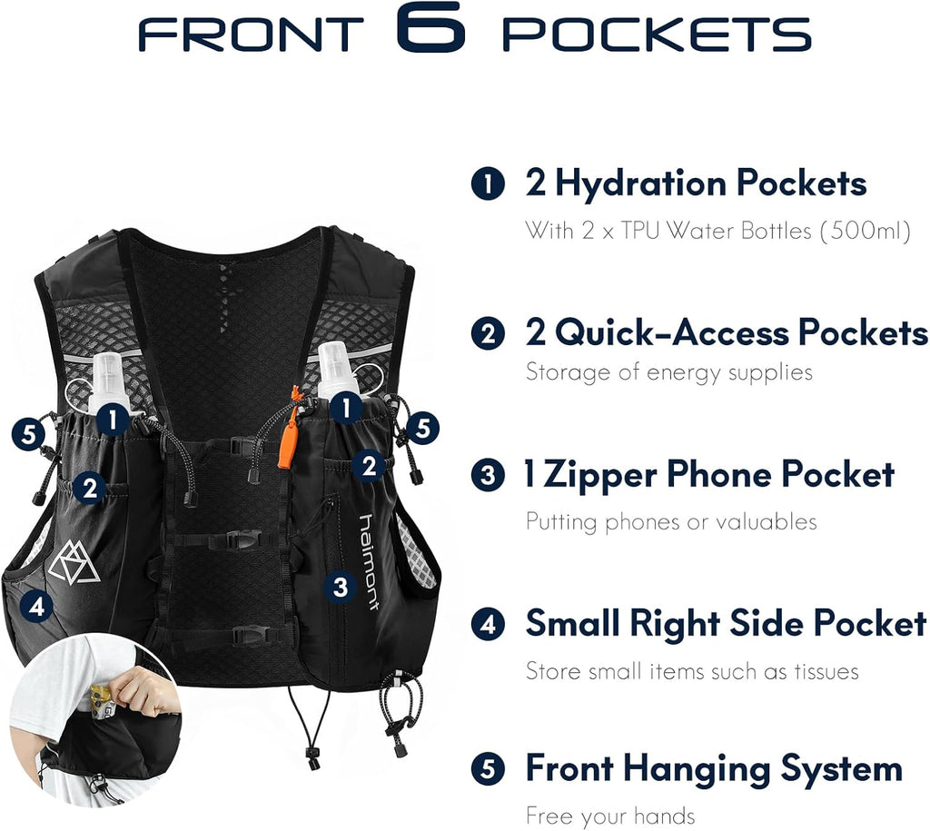 Haimont 10L Trail Running Hydration Vest with Soft Flasks | Reservoir Compatible, Bounce-Free Fit, Quick-Access Storage, Pole Carry, Whistle