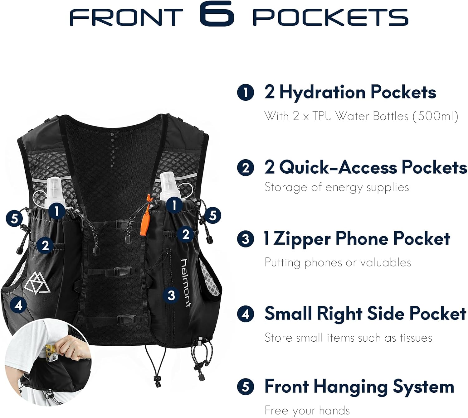 Haimont 10L Trail Running Hydration Vest with Soft Flasks | Reservoir Compatible, Bounce-Free Fit, Quick-Access Storage, Pole Carry, Whistle