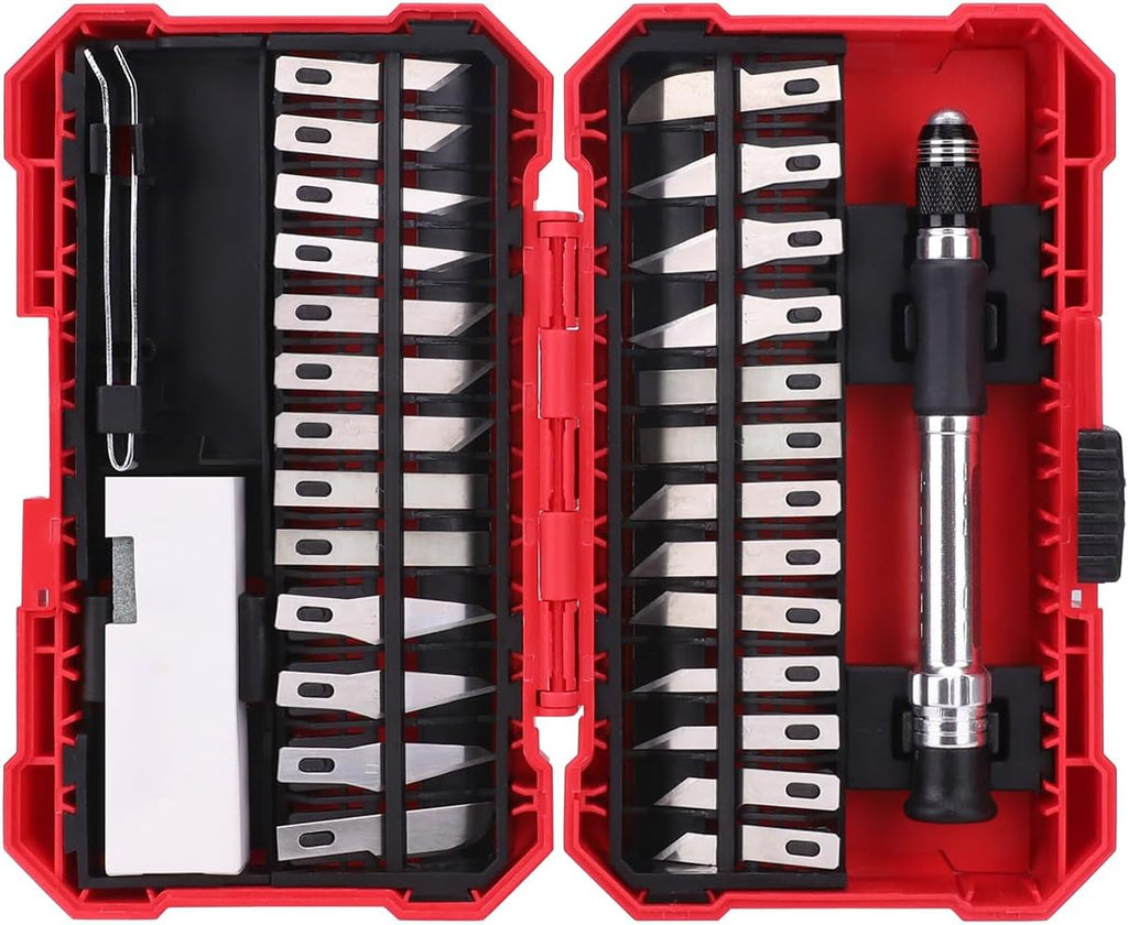 Amazon Basics 29-Piece Precision Hobby Knife Set with Razor-Sharp Blades, Modeling Tools, Anti-Slip Rubber Grip, Black, Silver, Red
