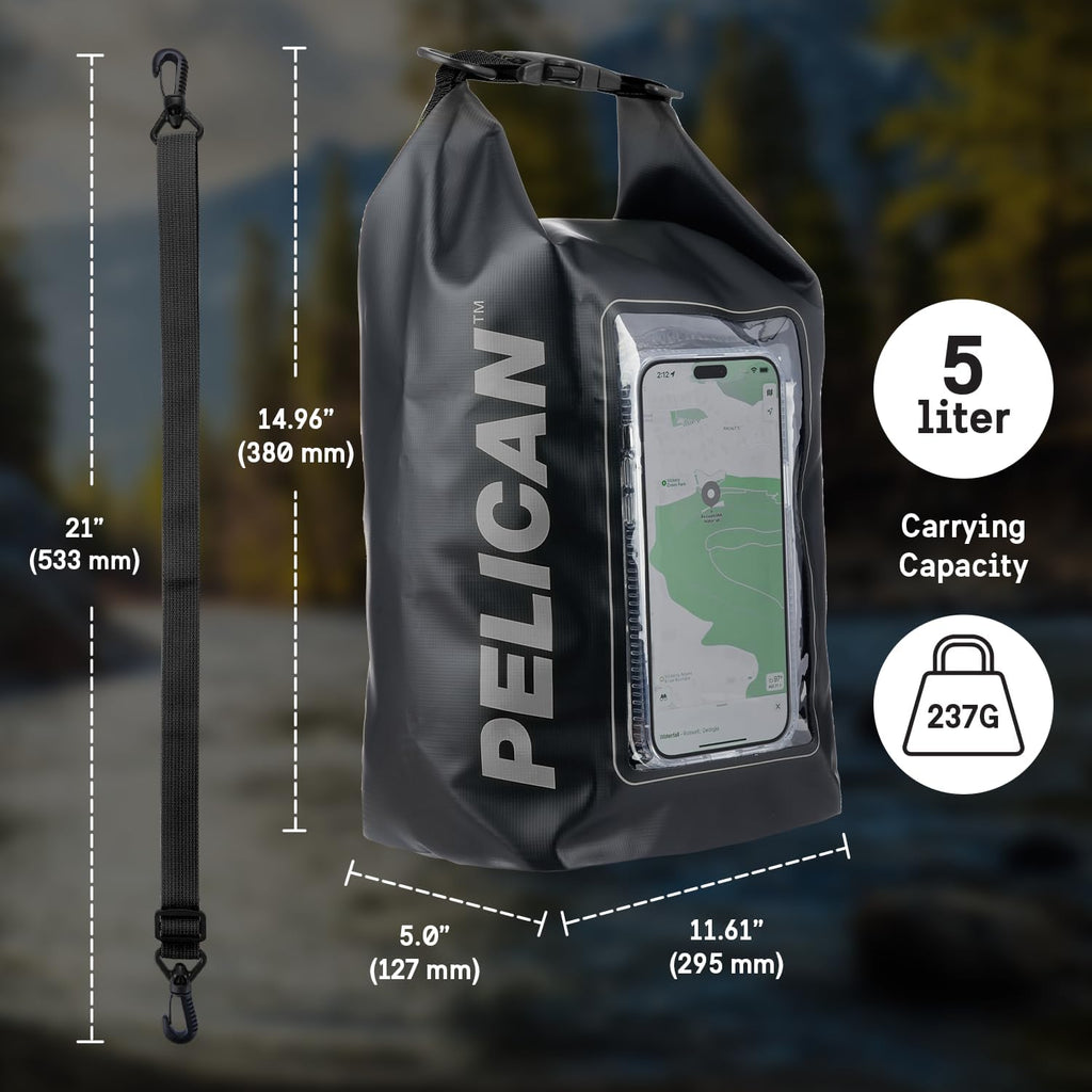 Pelican Marine IP68 Waterproof Dry Bag 5L with Phone Pouch/Case - Black