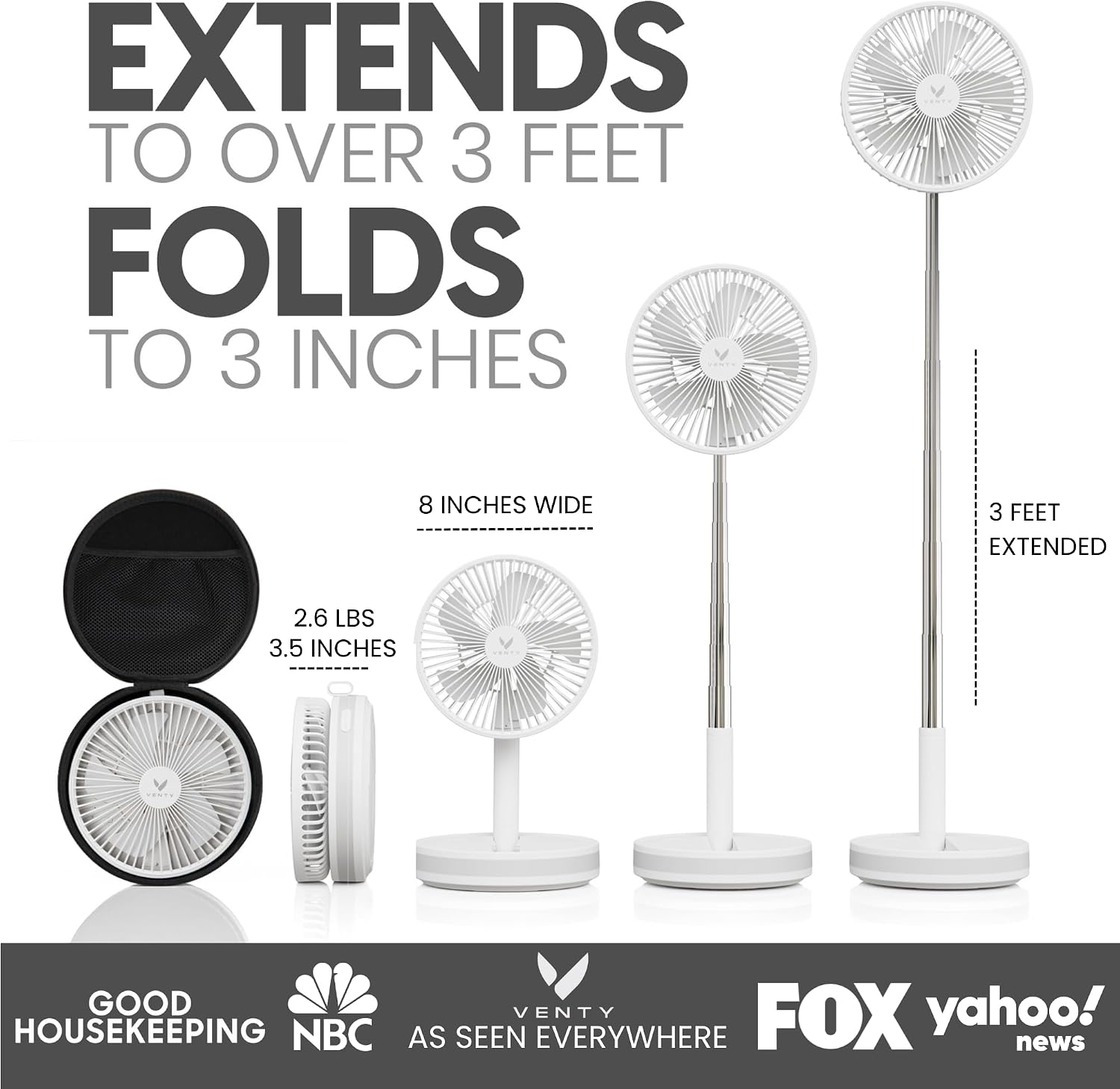 VENTY Portable Fan - Wireless Battery Operated Fan - 4 Speeds - LED Lighting - Carry Case & Remote Control - Cruise Travel - Outdoor Travel RV Power Bank With USB-C Port (White with Case)