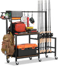 EXTCCT Fishing Rod Holder, Rolling 16 Pole Rack Cart for Garage, Brown