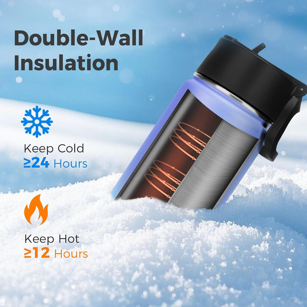 Neihepal 22 oz Insulated Water Bottles with Leak Proof Straw Lid, Wide Mouth Double Walled Vacuum Stainless Steel Metal Water Bottle (Purple Blue,2 Pack)