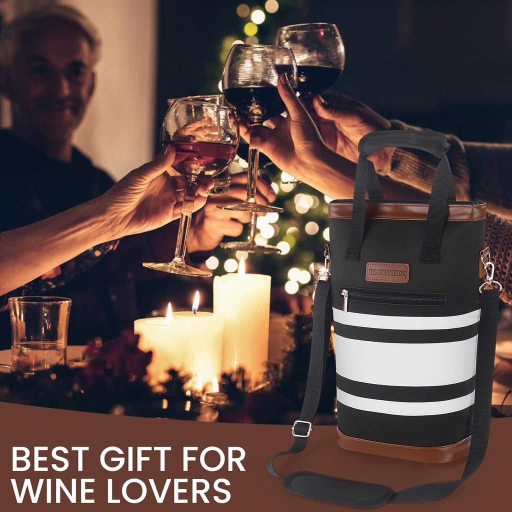 BLUBYEES 2-Bottle Insulated Wine Carrier Tote - Leakproof Padded 900D Oxford Cooler Bag for Travel, Picnics, Beach & Parties