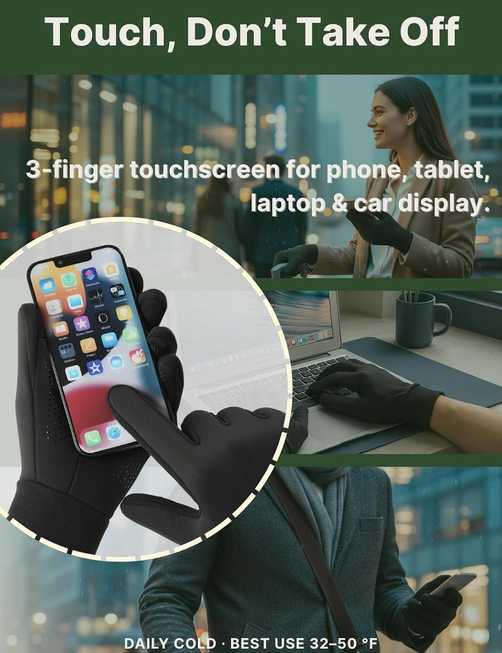 Winter Gloves Women Men Cold Weather Touch Screen 3-Layers Liner Glove for Running, Cycling, Biking, Hiking, Driving