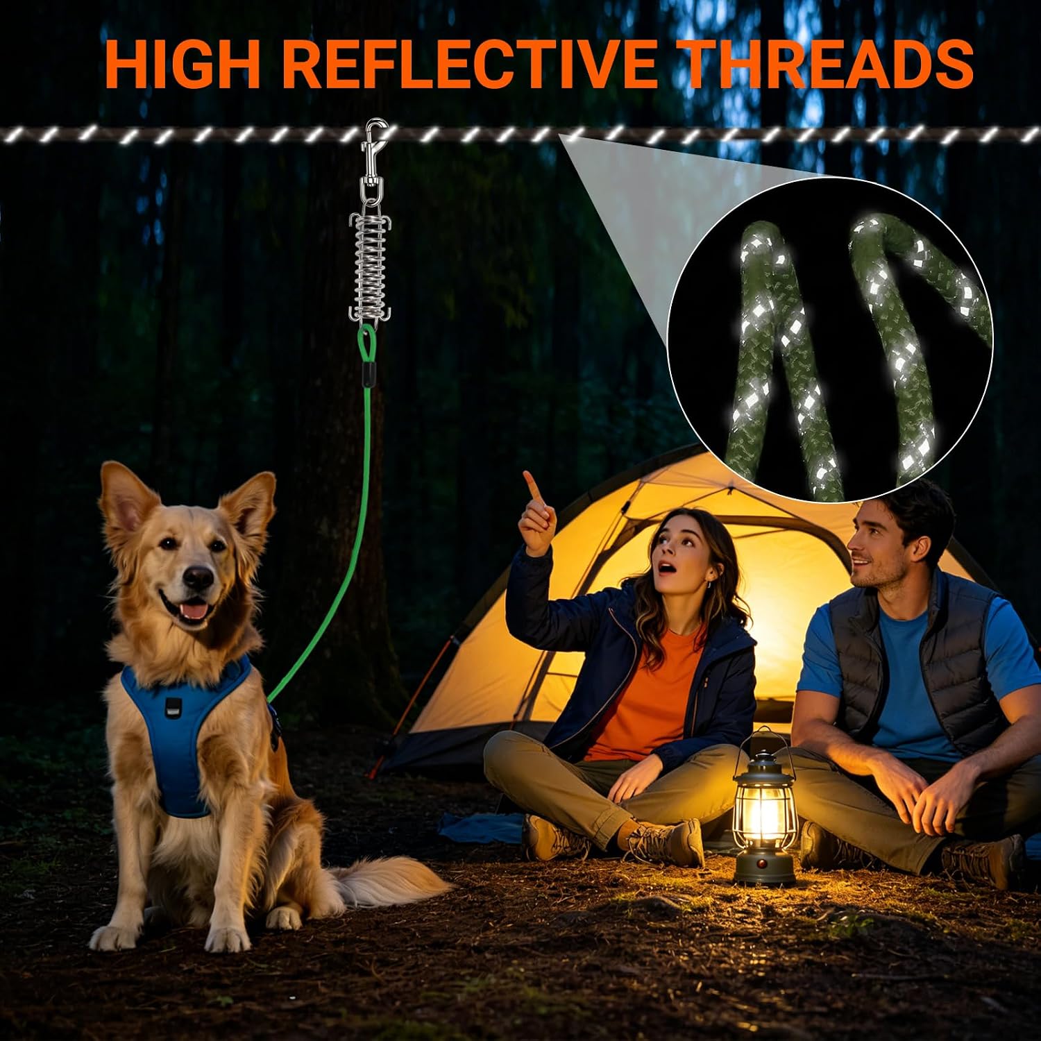Dog Runner Trolley Cable: 50FT Heavy Duty Zipline for Yard & Camping with 10Ft Tie-Out & Shock Spring - Up to 200LBS