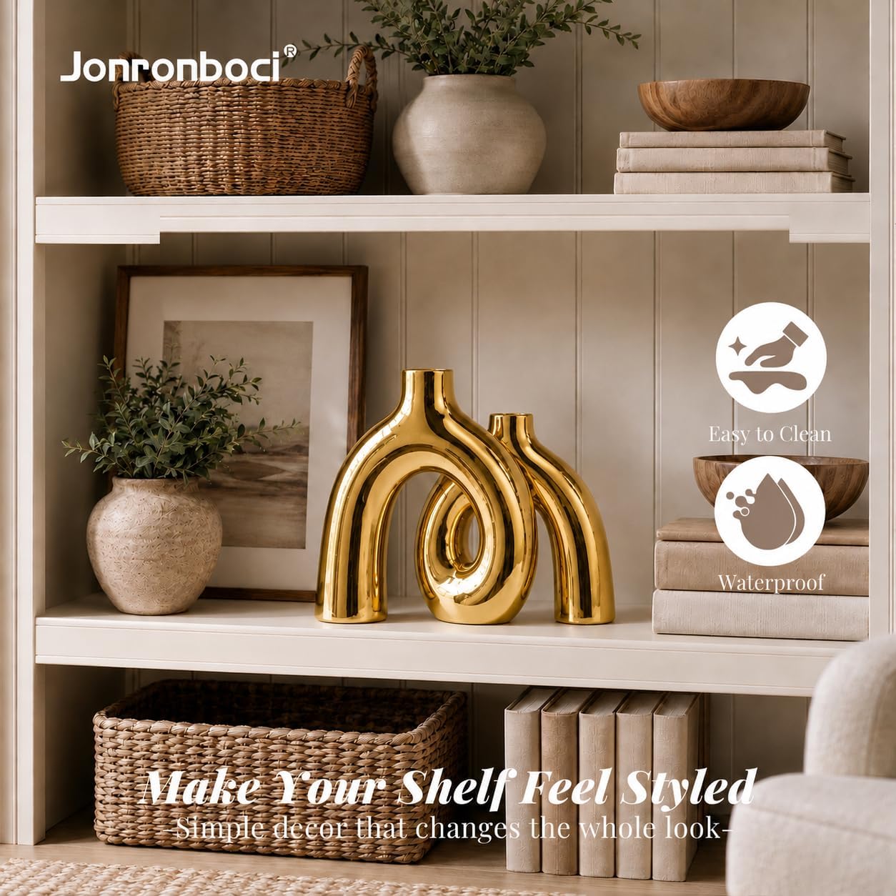 Hug Donut Decorative Vase Set - Golden Modern Classic Transitional Style Vases Home Decor, Matte Ceramic Decorations for Living Room Shelf, Bookshelf Mantle Entryway Table or Console Décor (Gold)