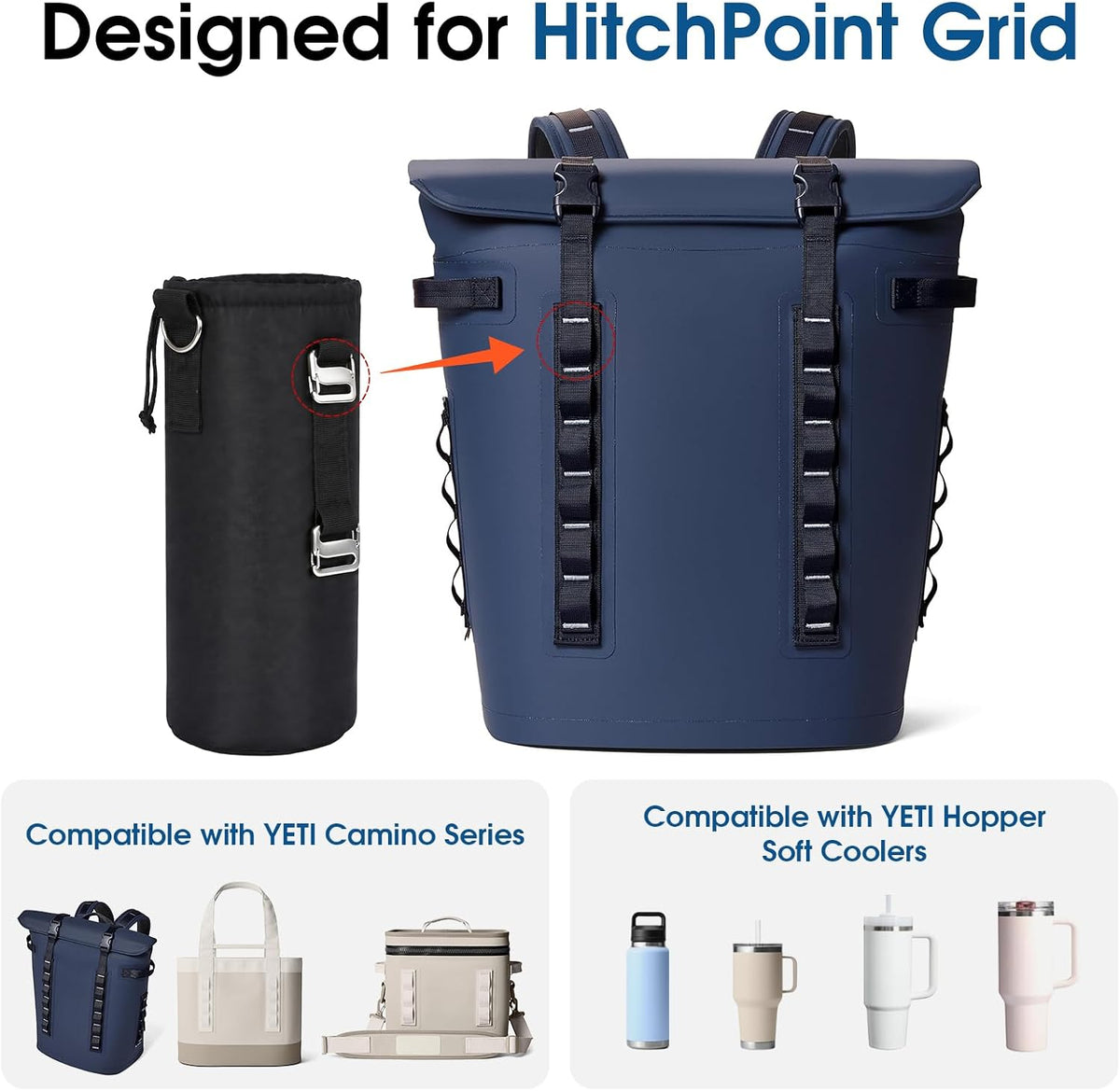 Bottle Holder for HitchPoint Grid Compatible with YETI Camino 20 35 Zip Carryall & Hopper Soft Coolers, Waterproof Oxford Fabric with Stainless Steel Hooks, Hands-Free YETI Bag & Cooler Accessories