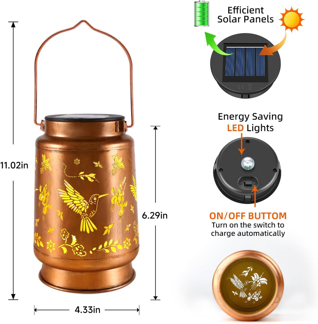 Hummingbird Solar Lanterns Outdoor Waterproof Hanging Solar Lights Gifts for Women Men Mom Metal Decorative LED Lantern Outside for Decor Garden,Yard,Patio,Lawn,Porch,Backyard