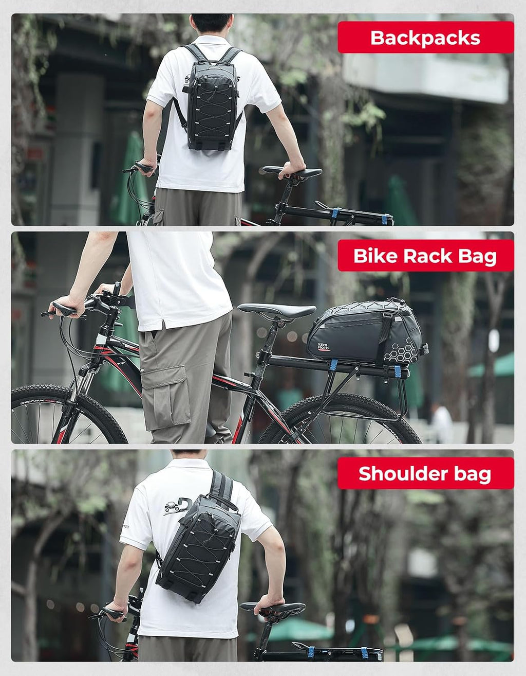 KEMIMOTO 3-in-1 Rear Bike Bag, 11L Convertible Backpack/Shoulder Bag, Black