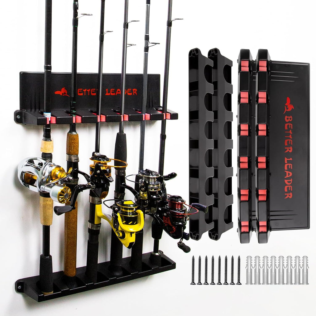 Vertical Fishing Rod Holder for Garage, Fishing Pole Holders- Holds Up to 6 Rods or Combos, Wall Mount Fishing Pole Rack, Fits Most Rods of Diameter 3-19mm, Fishing Gifts for Men