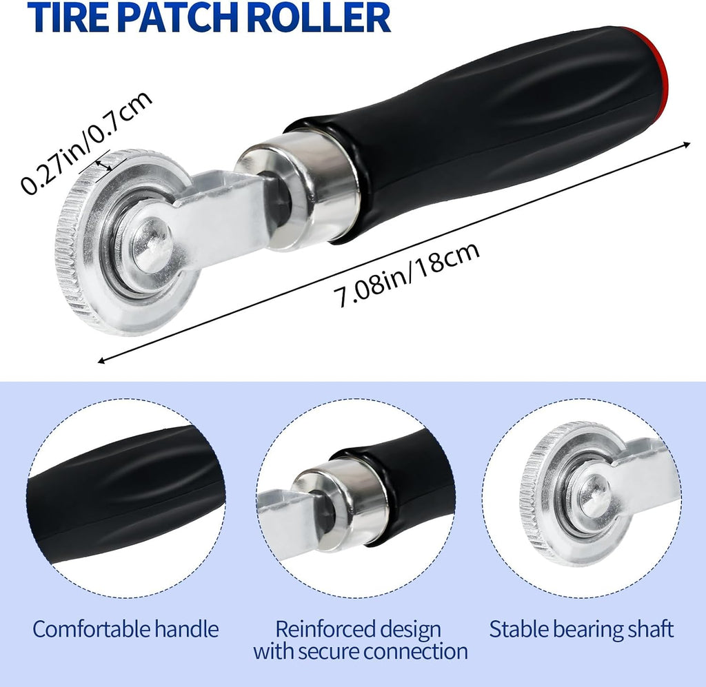 33PCS Tire Repair Patch Tools Tire Patch Kit, 30PCS Tire Patches(32mm/ 42mm/ 58mm with Tire Patch Roller, Tire Repair Buffing Wheel, Tire Inner Liner Scraper for Car Motorcycle Bike