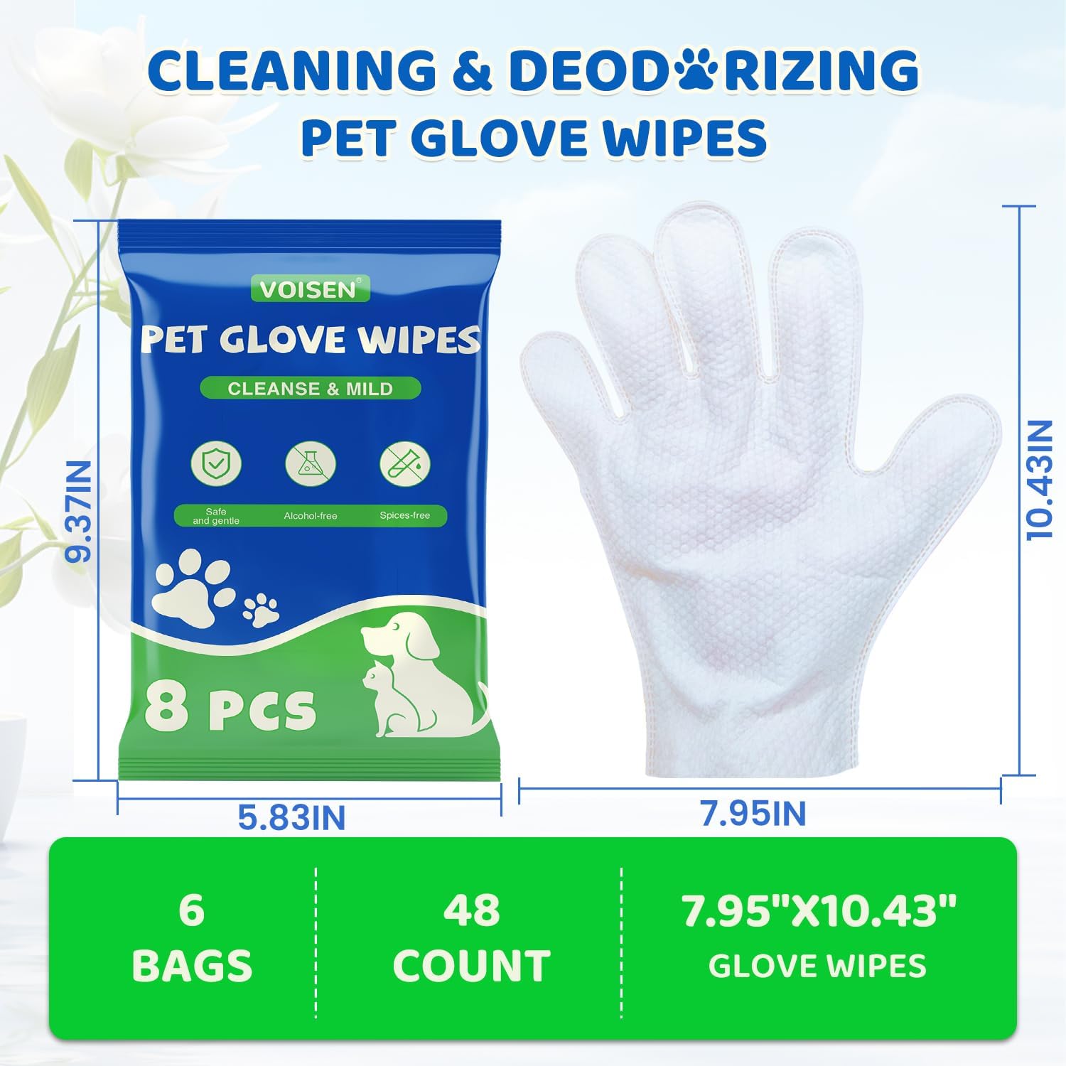 VOISEN 48 Pcs Pet Glove Wipes for Dogs, Pet Cleaning Gloves