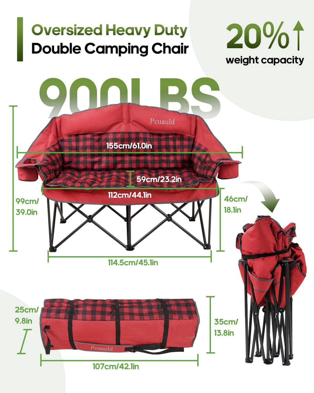 Padded Double Camping Chair Loveseat Oversized Camping Couch, Red